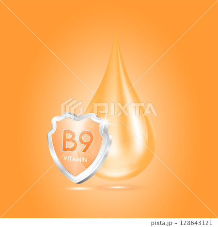 Drop vitamin B9 orange and glass shield transparent reflection shining. Protection the body stay healthy. For skincare cosmetics, nutrition products food. Medical concepts. 3D vector. 128643121