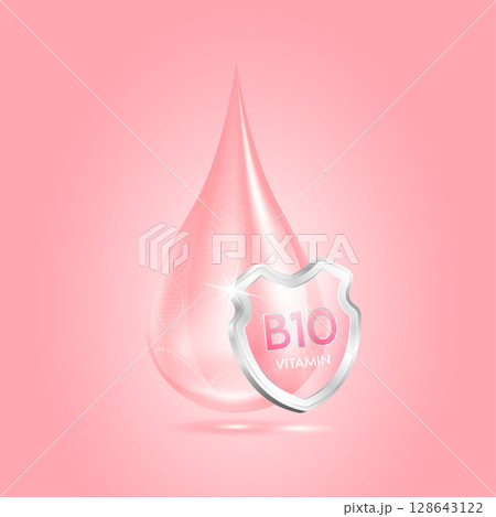 Drop vitamin B10 pink and glass shield transparent reflection shining. Protection the body stay healthy. For skincare cosmetics, nutrition products food. Medical concepts. 3D vector. 128643122