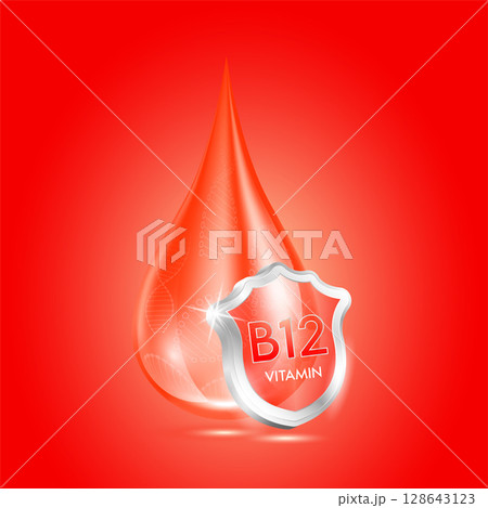 Drop vitamin B12 red and glass shield transparent reflection shining. Protection the body stay healthy. For skincare cosmetics, nutrition products food. Medical concepts. 3D vector. 128643123