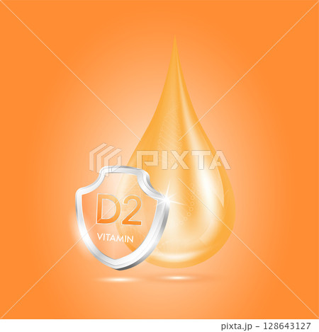 Drop vitamin D2 orange and glass shield transparent reflection shining. Protection the body stay healthy. For skincare cosmetics, nutrition products food. Medical concepts. 3D vector. Drop vitamin D2 orange and glass shield transparent reflection shining. Protection the body stay healthy. For skincare cosmetics, nutrition products food. Medical concepts. 3D vector. 128643127