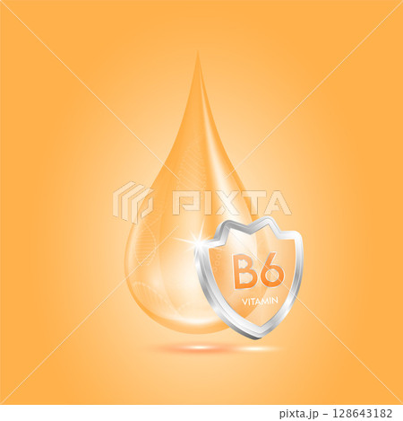Drop vitamin B6 orange and glass shield transparent reflection shining. Protection the body stay healthy. For skincare cosmetics, nutrition products food. Medical concepts. 3D vector. 128643182