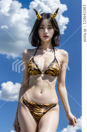 虎柄のビキニを着た女性 虎柄のビキニを着た女性 128643363