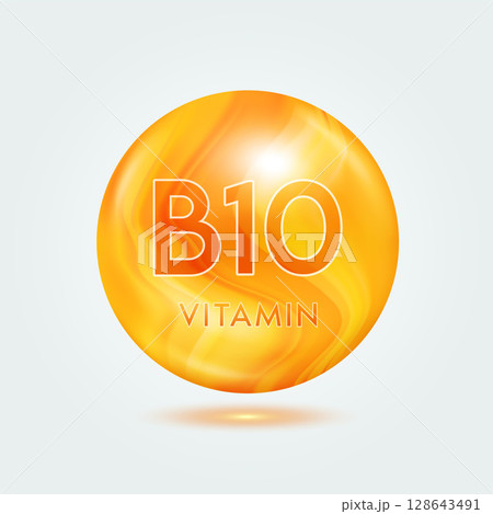 Vitamin B10 ball orange golden. Beauty nutrition skincare. Vitamins complex isolated on gray background. For product design. Medical and scientific concepts. Icon 3D Vector EPS10. 128643491
