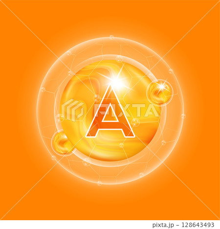 Orange vitamin A. Vitamins complex and bubble collagen serum chemical formula. For food supplement design and beauty treatment skin care. Medical and scientific concepts. 3D Vector EPS10. Orange vitamin A. Vitamins complex and bubble collagen serum chemical formula. For food supplement design and beauty treatment skin care. Medical and scientific concepts. 3D Vector EPS10. 128643493