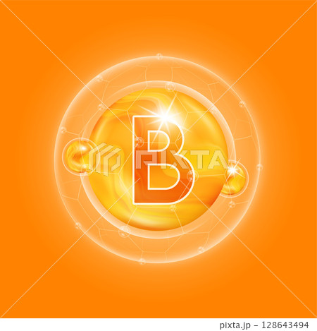Orange vitamin B. Vitamins complex and bubble collagen serum chemical formula. For food supplement design and beauty treatment skin care. Medical and scientific concepts. 3D Vector EPS10. 128643494