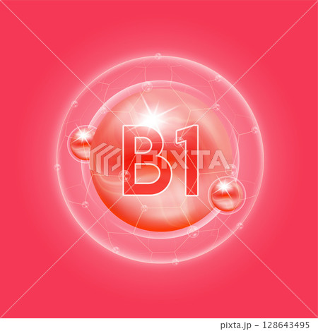 Orange vitamin B. Vitamins complex and bubble collagen serum chemical formula. For food supplement design and beauty treatment skin care. Medical and scientific concepts. 3D Vector EPS10. 128643495