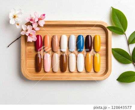 四季を彩るネイルカラー:和のトレイに並ぶ美しい色見本 四季を彩るネイルカラー:和のトレイに並ぶ美しい色見本 128643577