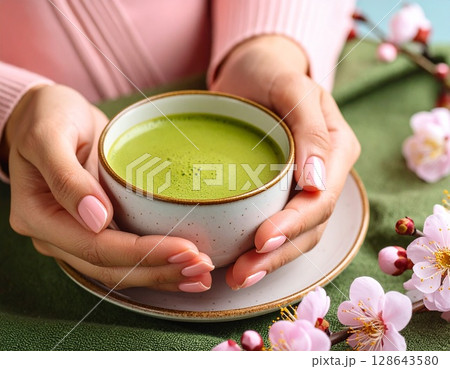 優雅な指先：梅の花ネイルと抹茶が織りなす和の美 128643580