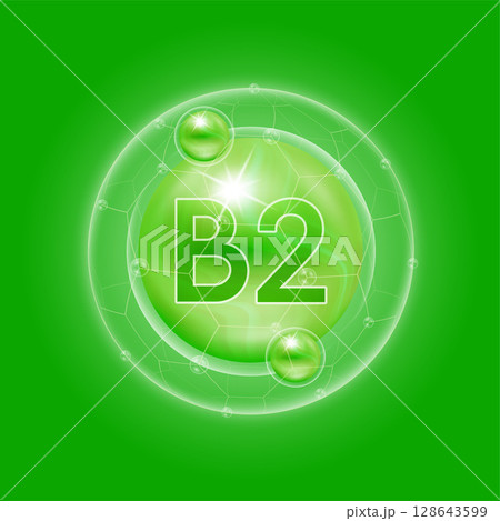 Green vitamin B2. Vitamins complex and bubble collagen serum chemical formula. For food supplement design and beauty treatment skin care. Medical and scientific concepts. 3D Vector EPS10. 128643599