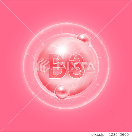 Pink vitamin B3. Vitamins complex and bubble collagen serum chemical formula. For food supplement design and beauty treatment skin care. Medical and scientific concepts. 3D Vector EPS10. 128643600