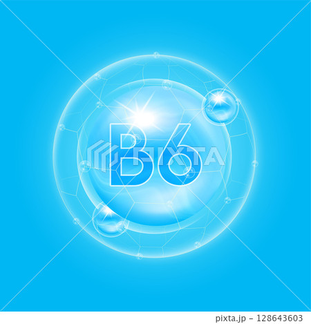 Blue vitamin B6. Vitamins complex and bubble collagen serum chemical formula. For food supplement design and beauty treatment skin care. Medical and scientific concepts. 3D Vector EPS10. Blue vitamin B6. Vitamins complex and bubble collagen serum chemical formula. For food supplement design and beauty treatment skin care. Medical and scientific concepts. 3D Vector EPS10. 128643603