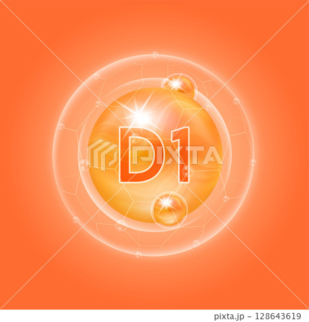 Orange vitamin D1. Vitamins complex and bubble collagen serum chemical formula. For food supplement design and beauty treatment skin care. Medical and scientific concepts. 3D Vector EPS10. 128643619