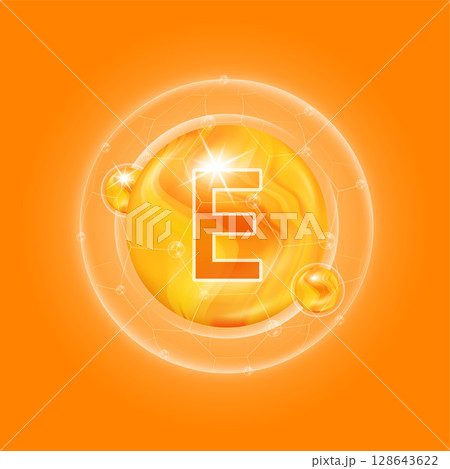 Orange vitamin E. Vitamins complex and bubble collagen serum chemical formula. For food supplement design and beauty treatment skin care. Medical and scientific concepts. 3D Vector EPS10. Orange vitamin E. Vitamins complex and bubble collagen serum chemical formula. For food supplement design and beauty treatment skin care. Medical and scientific concepts. 3D Vector EPS10. 128643622