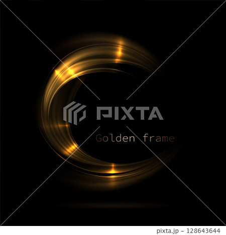 Round gorgeous isolated gold frame with bright glitter on black background 128643644