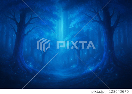 青い木々が光る幻想的な森のヒーリング背景イラスト 青い木々が光る幻想的な森のヒーリング背景イラスト 128643670