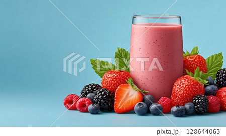 Fresh Berry Smoothie Garnished with Strawberries and Mint on a Vibrant Blue Background 128644063
