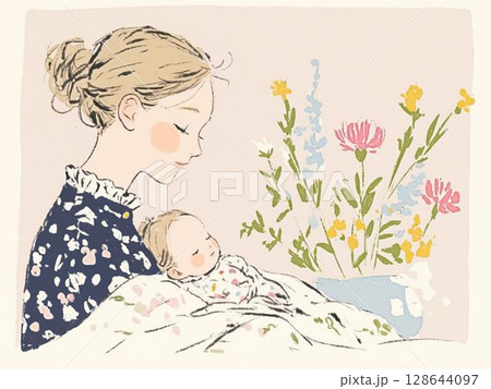 赤ちゃんを抱く優しいお母さんと花の時間 赤ちゃんを抱く優しいお母さんと花の時間 128644097