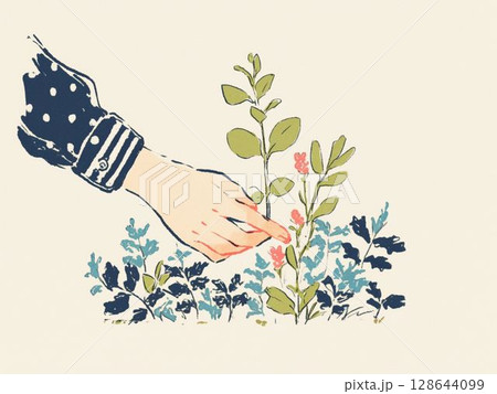草花にそっと触れるやさしい手のイラスト 128644099