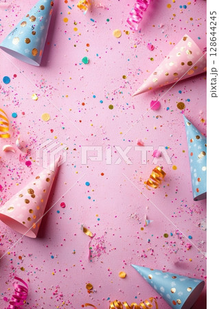 Colorful party hats and confetti scattered on a pink background, perfect for celebrations, birthdays, or festive occasions. 128644245
