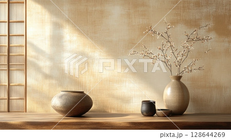A serene interior scene featuring earthy pottery and delicate blooms against a textured wall, creating a warm atmosphere. A serene interior scene featuring earthy pottery and delicate blooms against a textured wall, creating a warm atmosphere. 128644269