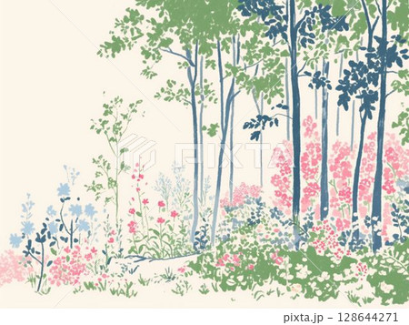 春の森に咲く可憐な花々と木立の風景 128644271