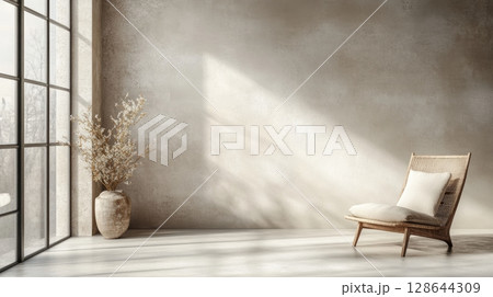 A serene, minimalist interior featuring a rattan chair, soft sunlight, and a decorative vase with flowers against a textured wall. 128644309