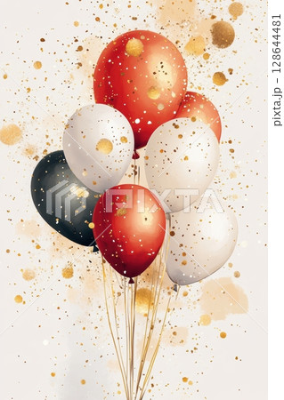 A festive arrangement of colorful balloons with gold confetti, perfect for celebrations and joyful occasions. A festive arrangement of colorful balloons with gold confetti, perfect for celebrations and joyful occasions. 128644481