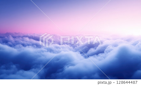 A serene view of colorful clouds at dawn, blending soft pinks and purples over a sea of fluffy, white clouds. 128644487
