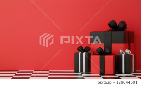 Colorful Gift Boxes on Red Background for Celebration 128644601