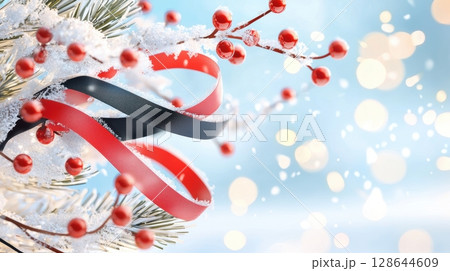 Festive Decorations with Ribbons and Berries in Winter 128644609