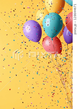 Colorful balloons float amidst cheerful confetti on a bright yellow background, creating a festive and joyful atmosphere suitable for celebrations. 128644671