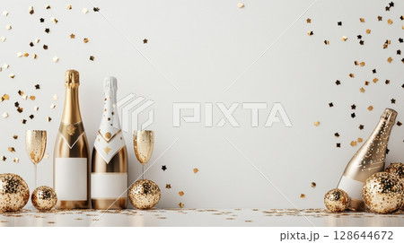 Celebration setup featuring champagne bottles, flutes, and confetti in gold and black, perfect for a festive gathering. 128644672