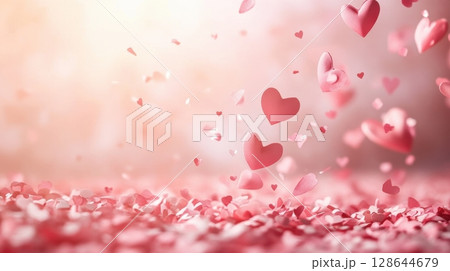 A dreamy scene of pink hearts cascading over a soft surface, evoking feelings of love and romance in a gently lit atmosphere. 128644679