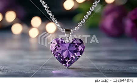 Elegant Heart Shaped Amethyst Pendant Necklace on Silver Chain 128644879