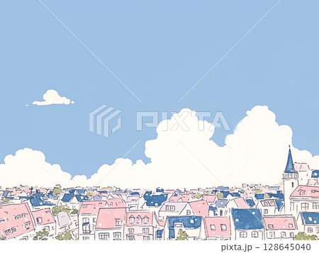 青空と雲に包まれた街のパノラマ風景 青空と雲に包まれた街のパノラマ風景 128645040