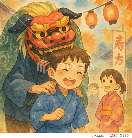 秋祭りの獅子舞に頭をかまれて笑顔になる子ども 128645136