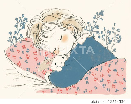 うさぎのぬいぐるみと眠る夜のやさしさ 128645344