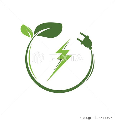 Save energy symbol. Energy icon with green leaf. Eco friendly, environmentally. Eco icon 128645397