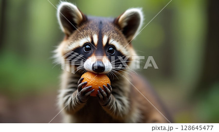 Curious Raccoon Holding Fruit with Tiny Paws in Forest Light	 128645477