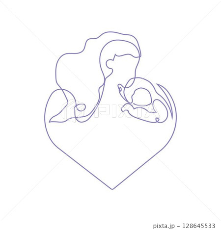 Happy Mother day card. Continuous one line drawing. Woman hold her baby. Vector illustration 128645533