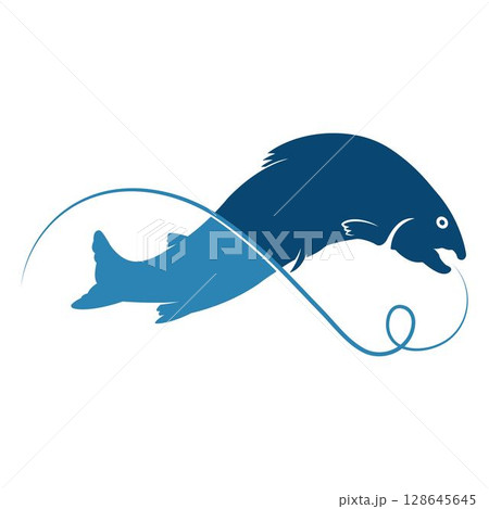 Salmon, fish and fishing, logo template. Underwater world, river and marine life, nature, vector design, illustration 128645645