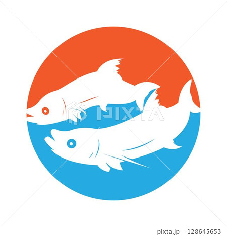 Salmon, fish and fishing, logo template. Underwater world, river and marine life, nature, vector design, illustration Salmon, fish and fishing, logo template. Underwater world, river and marine life, nature, vector design, illustration 128645653