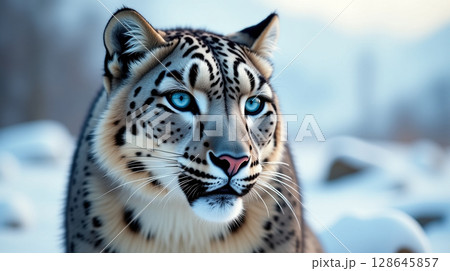 Striking Snow Leopard Profile with Piercing Blue Eyes Striking Snow Leopard Profile with Piercing Blue Eyes 128645857