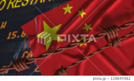 The China Flag and barbed wire for Business crisis concept 3d Rendering. The China Flag and barbed wire for Business crisis concept 3d Rendering. 128645982