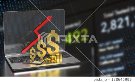 The Gold Dollar and Arrow up on laptop for Business concept 3d Rendering. The Gold Dollar and Arrow up on laptop for Business concept 3d Rendering. 128645999