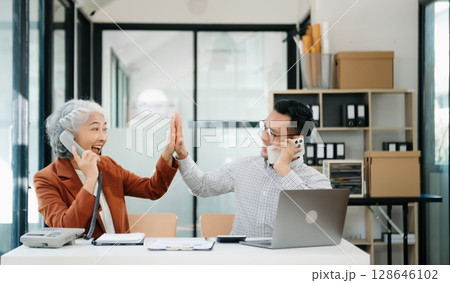 Kind leader executive manager share and discuss business solutions plan ideas on tablet marketing 128646102