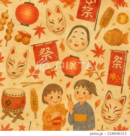 秋祭りモチーフの和風シームレスパターン 128646323