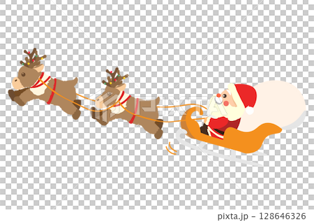 Illustration of Santa Claus riding in a sleigh pulled by reindeer 128646326