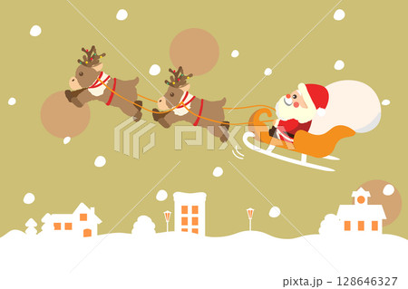 街並みと、トナカイたちが引くそりに乗るサンタさんの背景イラスト 街並みと、トナカイたちが引くそりに乗るサンタさんの背景イラスト 128646327