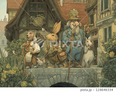 Town Musicians of Bremen stand together, emanating an atmosphere of friendship and anticipation for their musical adventure 128646334